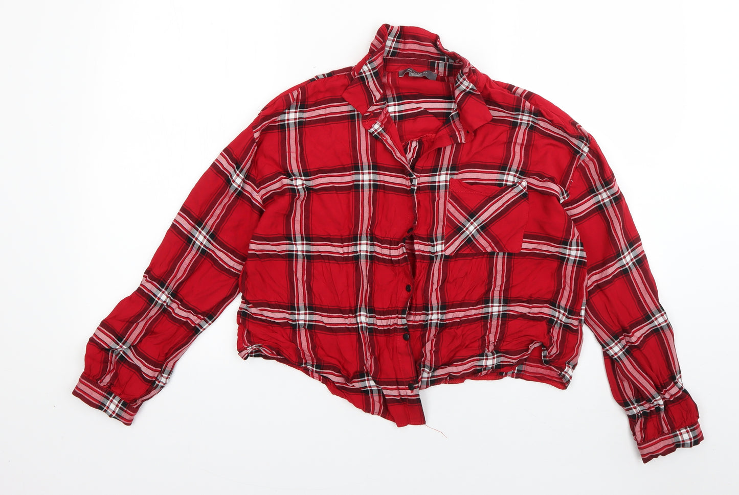 Primark Womens Red Plaid Viscose Cropped Button-Up Size 12 Collared