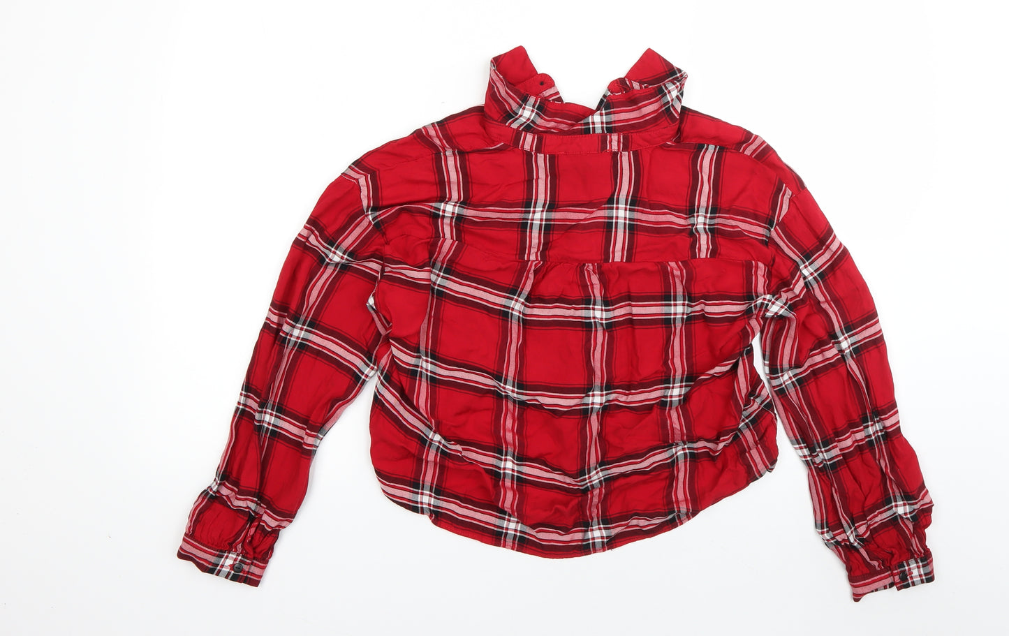 Primark Womens Red Plaid Viscose Cropped Button-Up Size 12 Collared