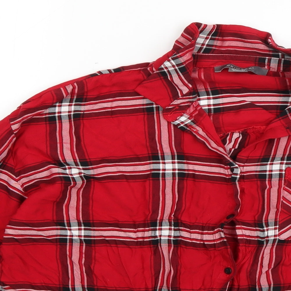 Primark Womens Red Plaid Viscose Cropped Button-Up Size 12 Collared