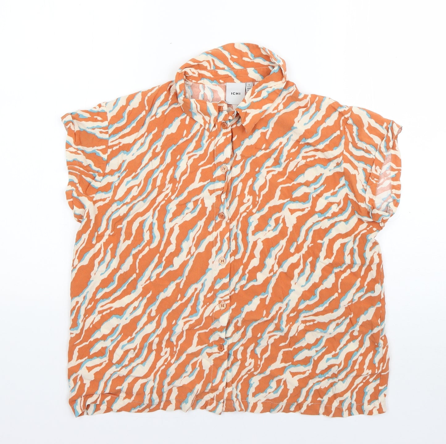 ICHI Womens Multicoloured Animal Print Viscose Basic Button-Up Size M Collared