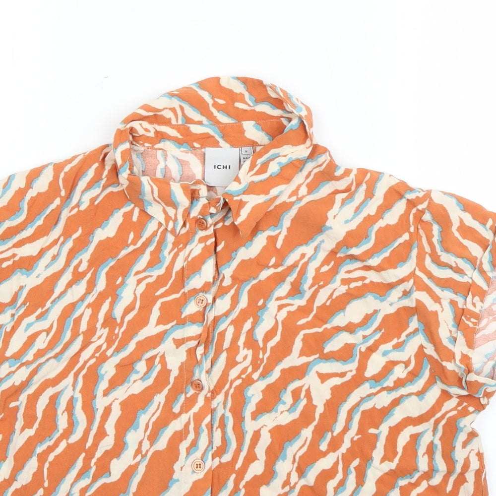 ICHI Womens Multicoloured Animal Print Viscose Basic Button-Up Size M Collared