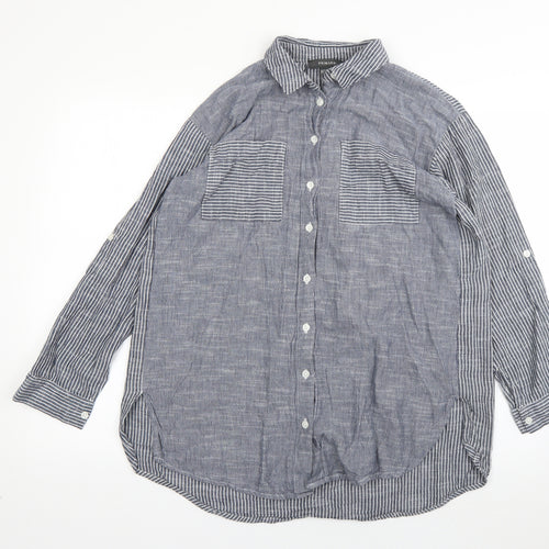 Primark Womens Grey Striped Cotton Basic Button-Up Size 4 Collared