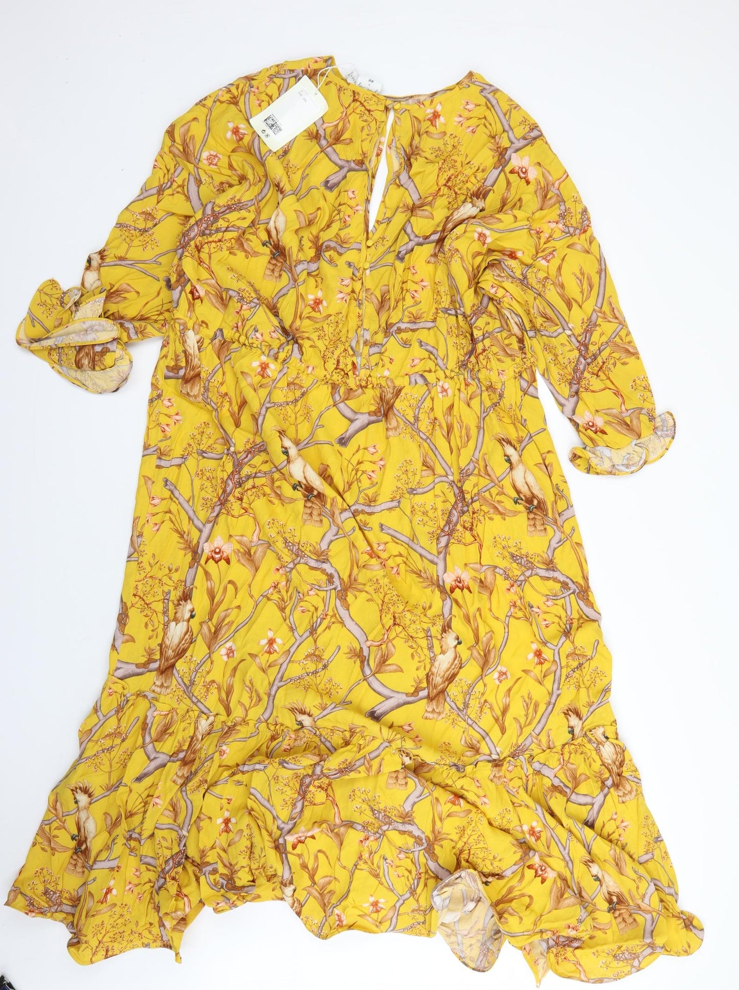 H&M Womens Yellow Floral Viscose A-Line  Size 2XL  Round Neck