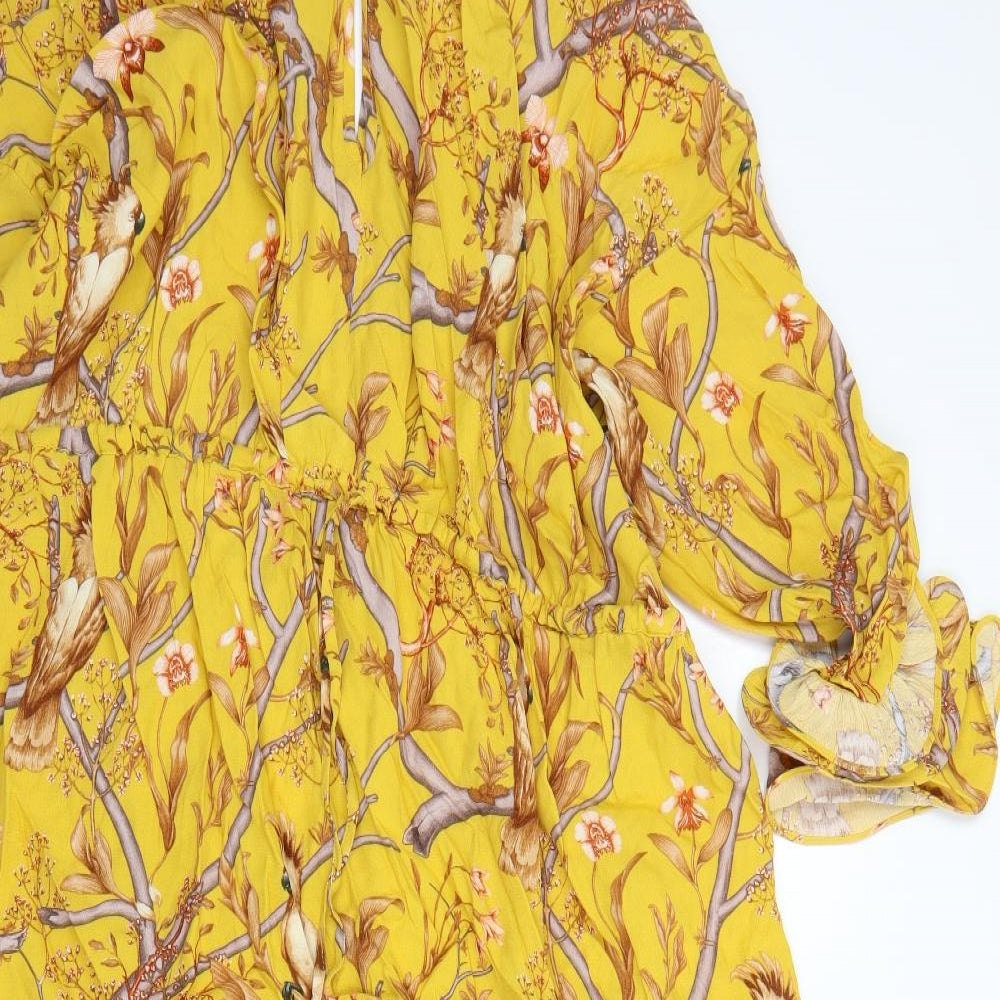 H&M Womens Yellow Floral Viscose A-Line  Size 2XL  Round Neck