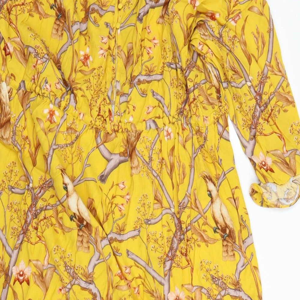H&M Womens Yellow Floral Viscose A-Line  Size 2XL  Round Neck