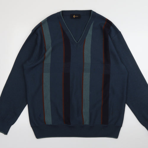 Gabicci Womens Green V-Neck Striped Wool Pullover Jumper Size XL