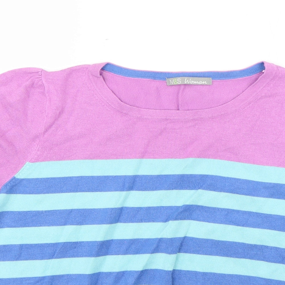 M&S Womens Multicoloured Round Neck Striped Viscose Pullover Jumper Size 14