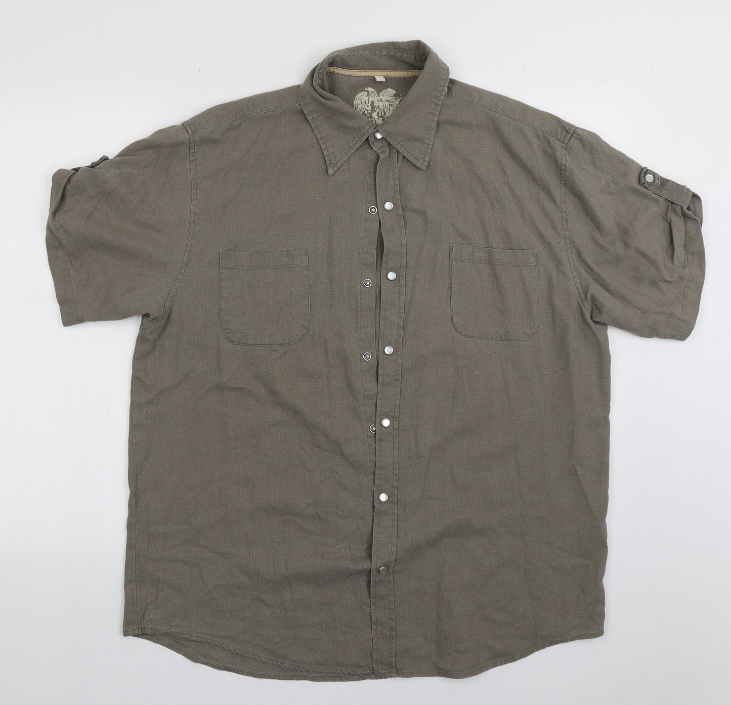 Preworn Mens Beige  Linen  Button-Up Size L Collared Button