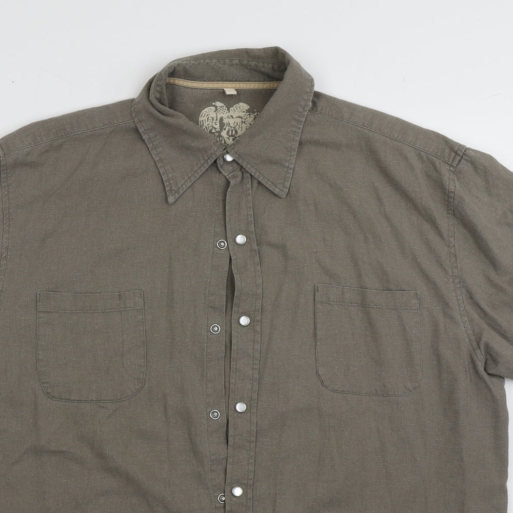 Preworn Mens Beige  Linen  Button-Up Size L Collared Button