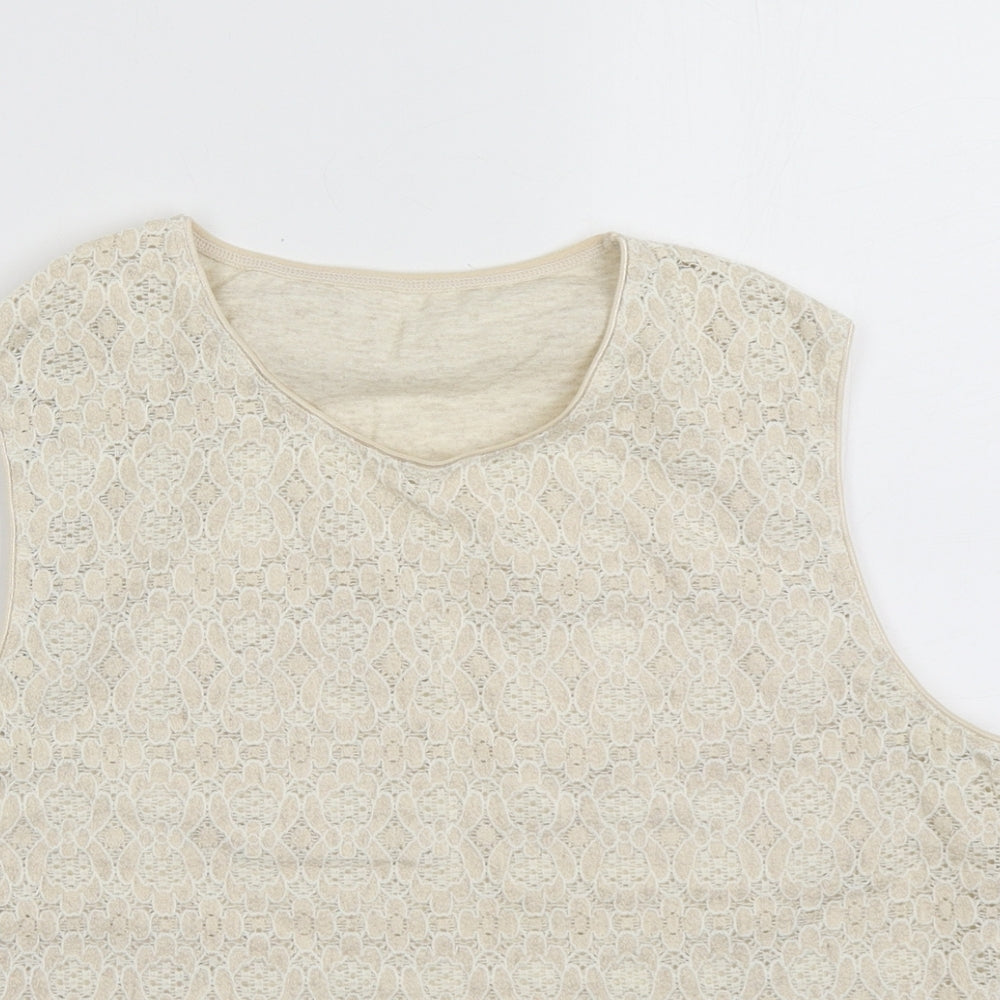 Marks and Spencer Womens Beige Geometric Cotton Basic Tank Size 16 Crew Neck