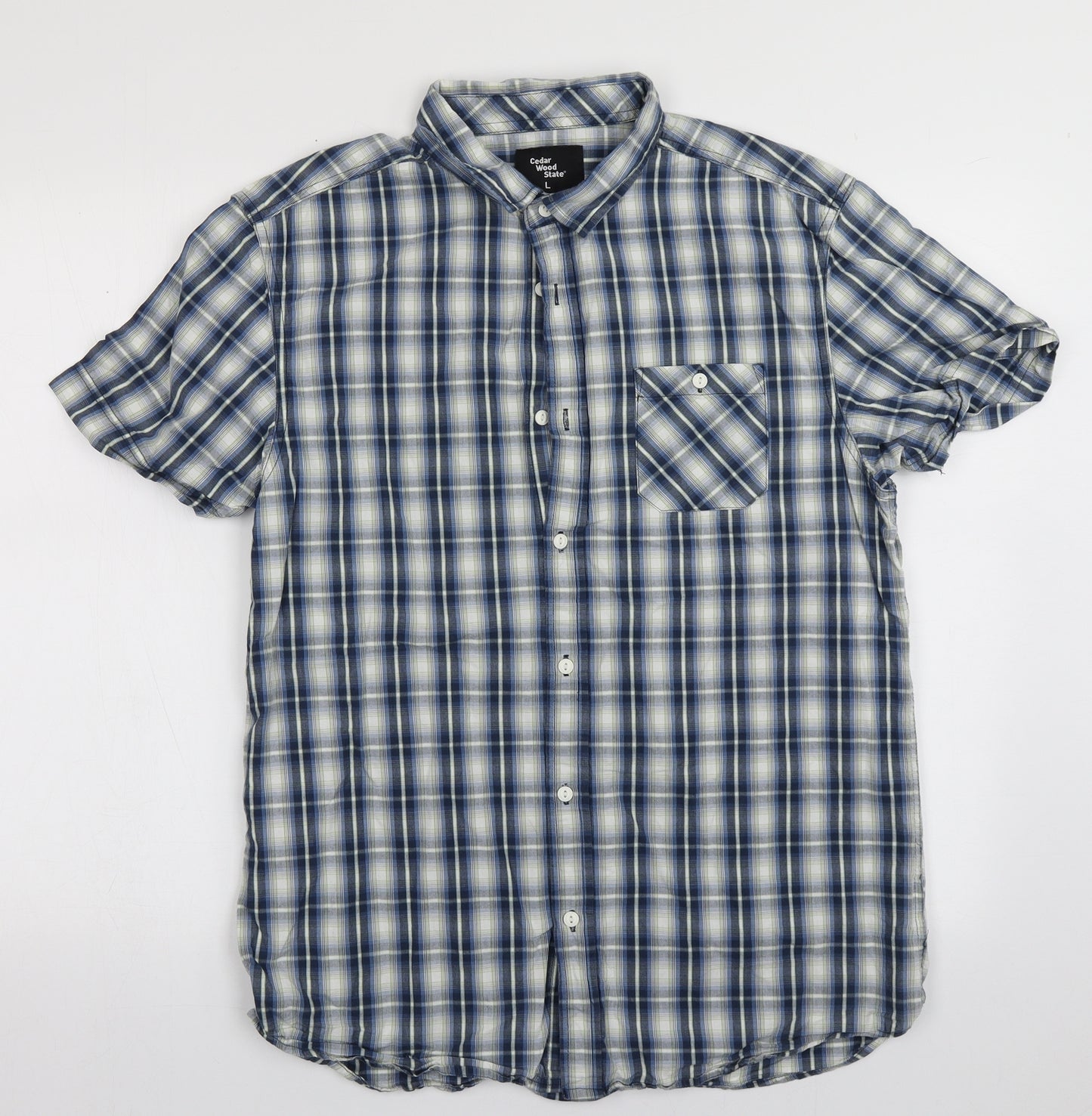 Cedar Wood State Mens Blue Check Cotton  Button-Up Size L Collared Button
