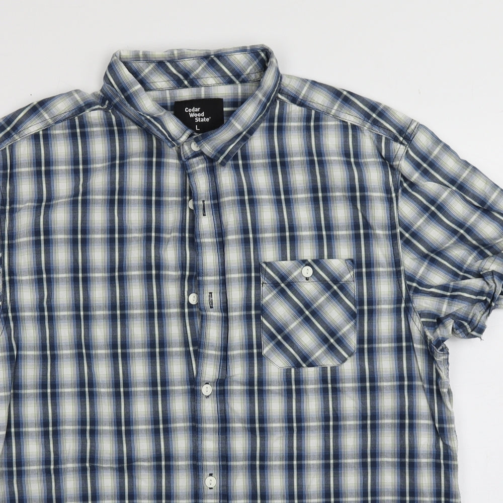 Cedar Wood State Mens Blue Check Cotton  Button-Up Size L Collared Button