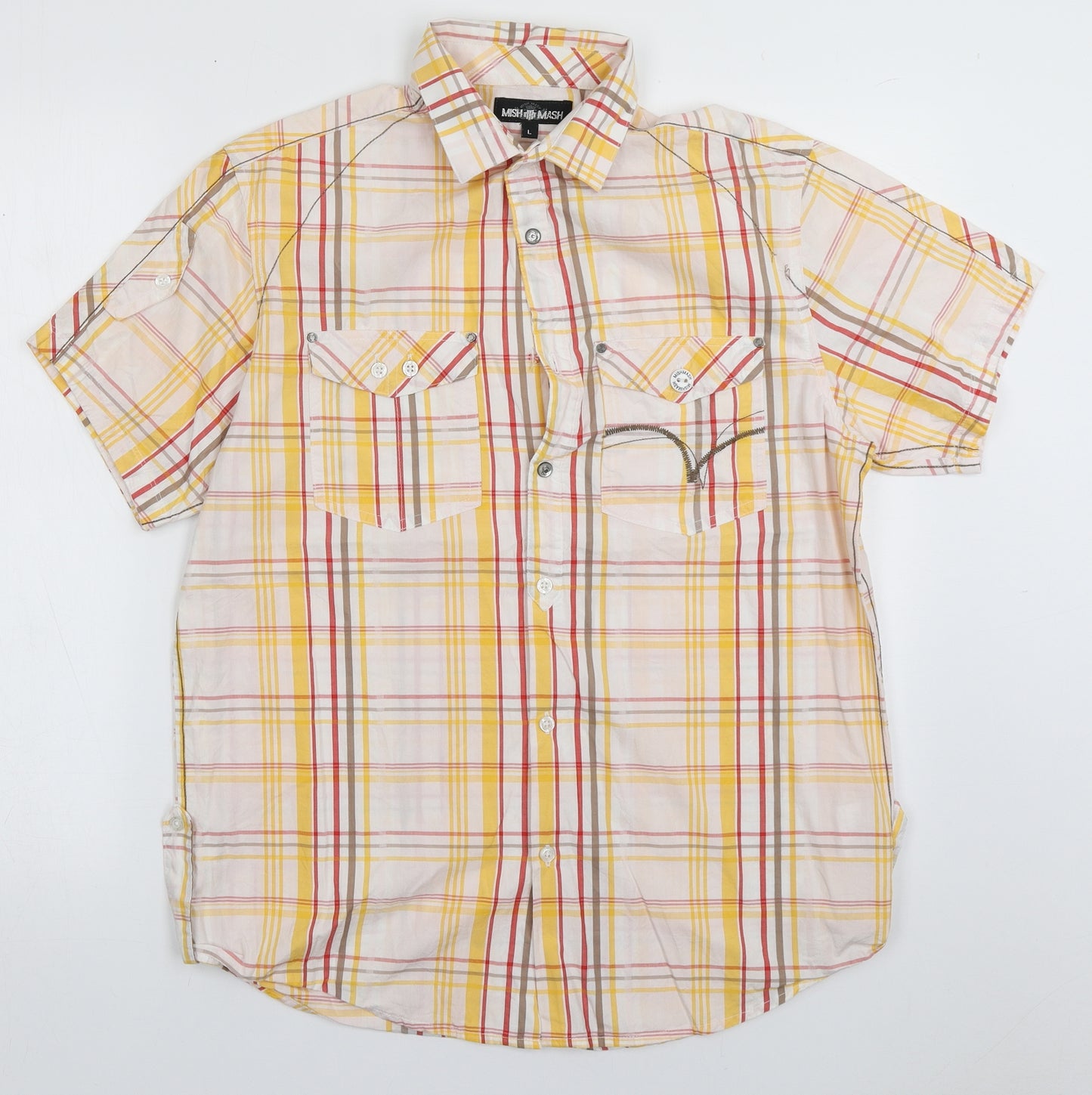 Mish Mash Mens Yellow Check Cotton  Button-Up Size L Collared Button