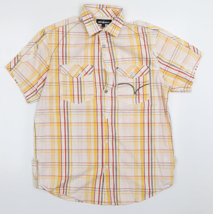 Mish Mash Mens Yellow Check Cotton  Button-Up Size L Collared Button