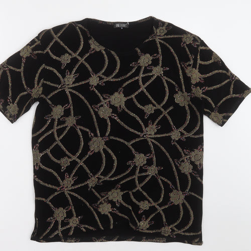 Eye Casuals Womens Black Floral Polyester Basic T-Shirt Size M Crew Neck