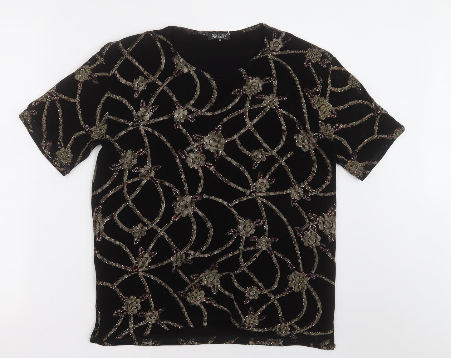 Eye Casuals Womens Black Floral Polyester Basic T-Shirt Size M Crew Neck