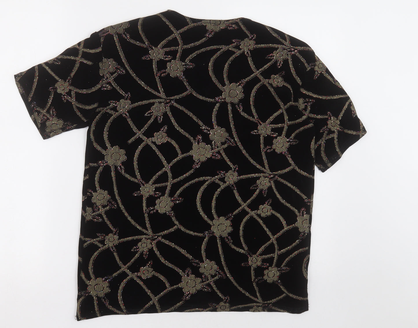 Eye Casuals Womens Black Floral Polyester Basic T-Shirt Size M Crew Neck