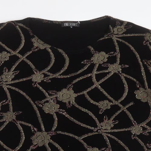 Eye Casuals Womens Black Floral Polyester Basic T-Shirt Size M Crew Neck