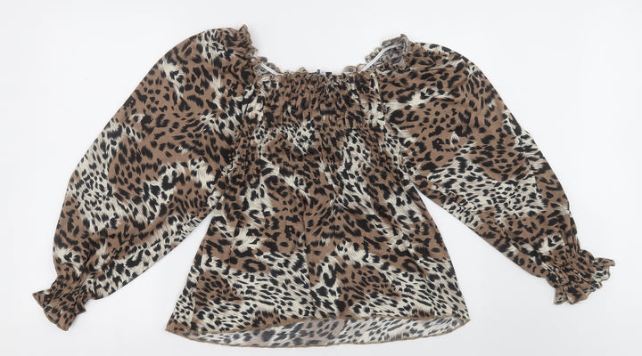 PEP&Co Womens Brown Animal Print Polyester Basic Blouse Size 8 Off the Shoulder