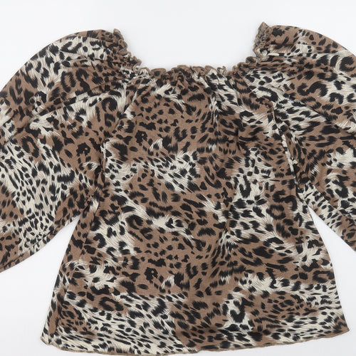PEP&Co Womens Brown Animal Print Polyester Basic Blouse Size 8 Off the Shoulder