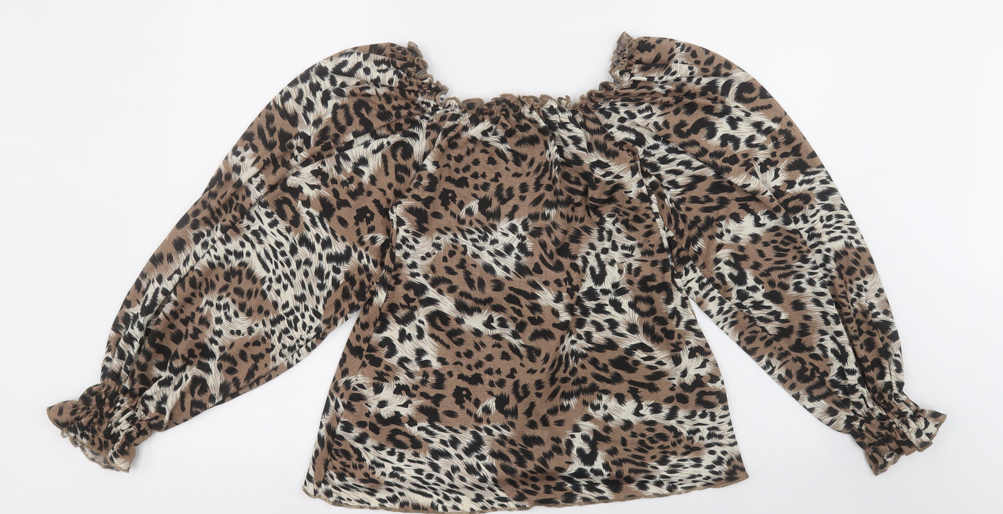 PEP&Co Womens Brown Animal Print Polyester Basic Blouse Size 8 Off the Shoulder