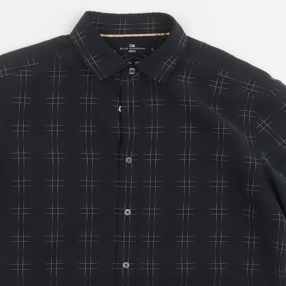 Marks and Spencer Mens Black Check Modal  Button-Up Size L Collared Button