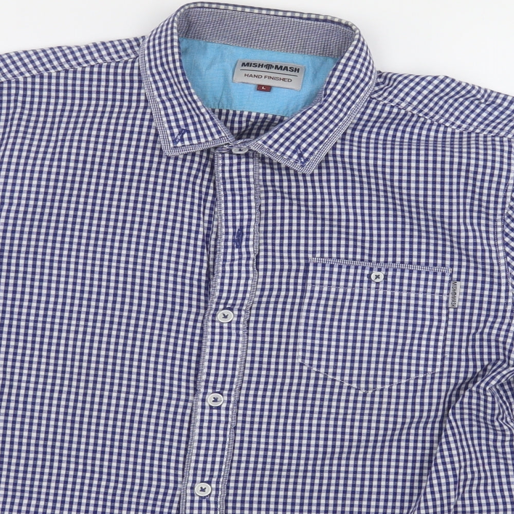 Mish Mash Mens Blue Check Cotton  Button-Up Size L Collared Button