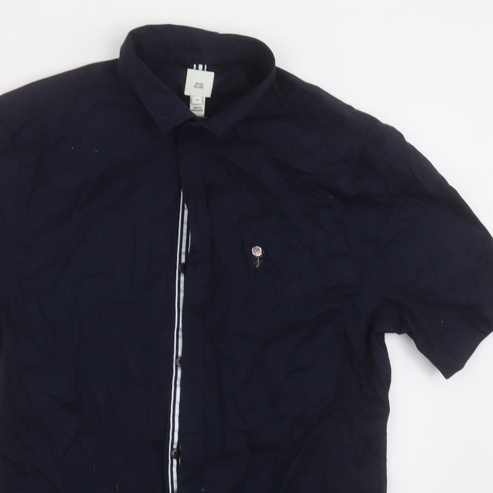 River Island Mens Blue  Cotton  Button-Up Size M Collared Button