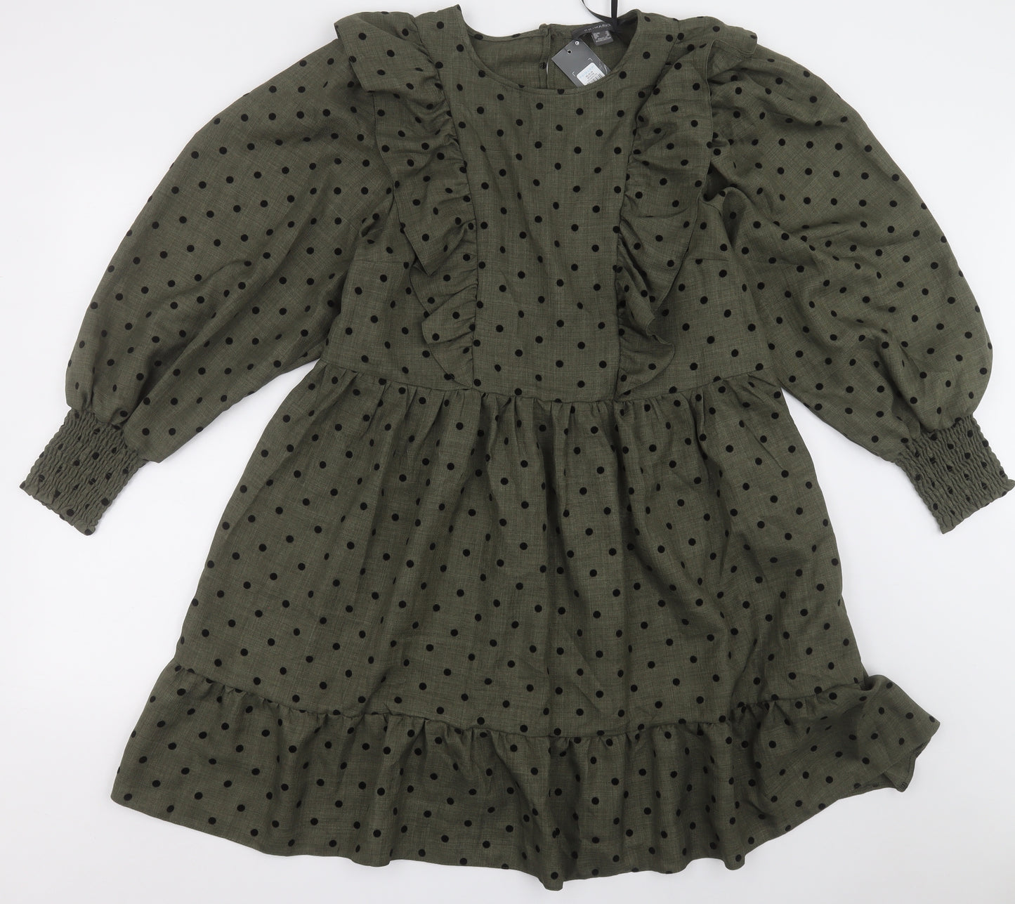 Primark Womens Green Polka Dot Polyester A-Line  Size 14  Crew Neck Button