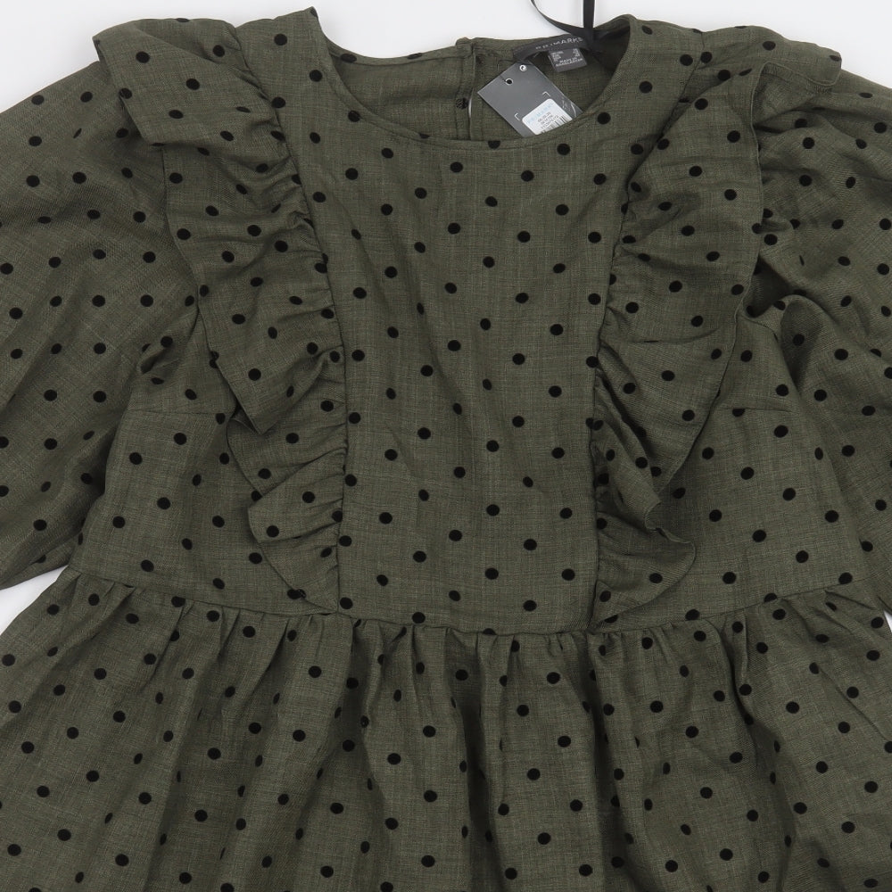 Primark Womens Green Polka Dot Polyester A-Line  Size 14  Crew Neck Button