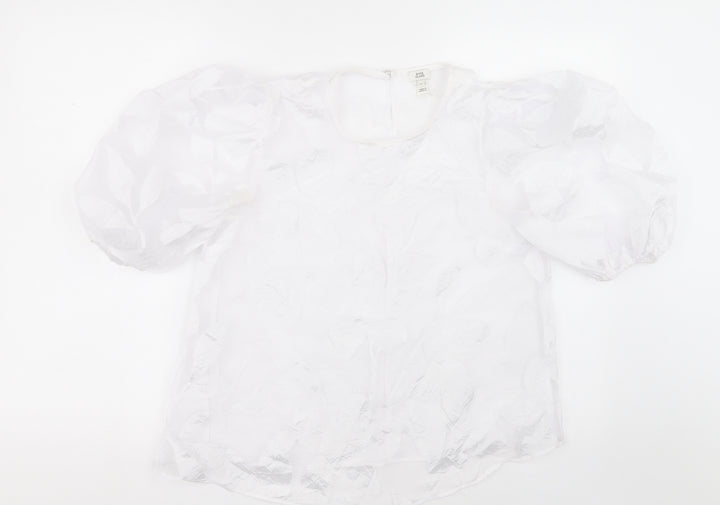 River Island Womens White Geometric Polyester Basic Blouse Size 8 Crew Neck