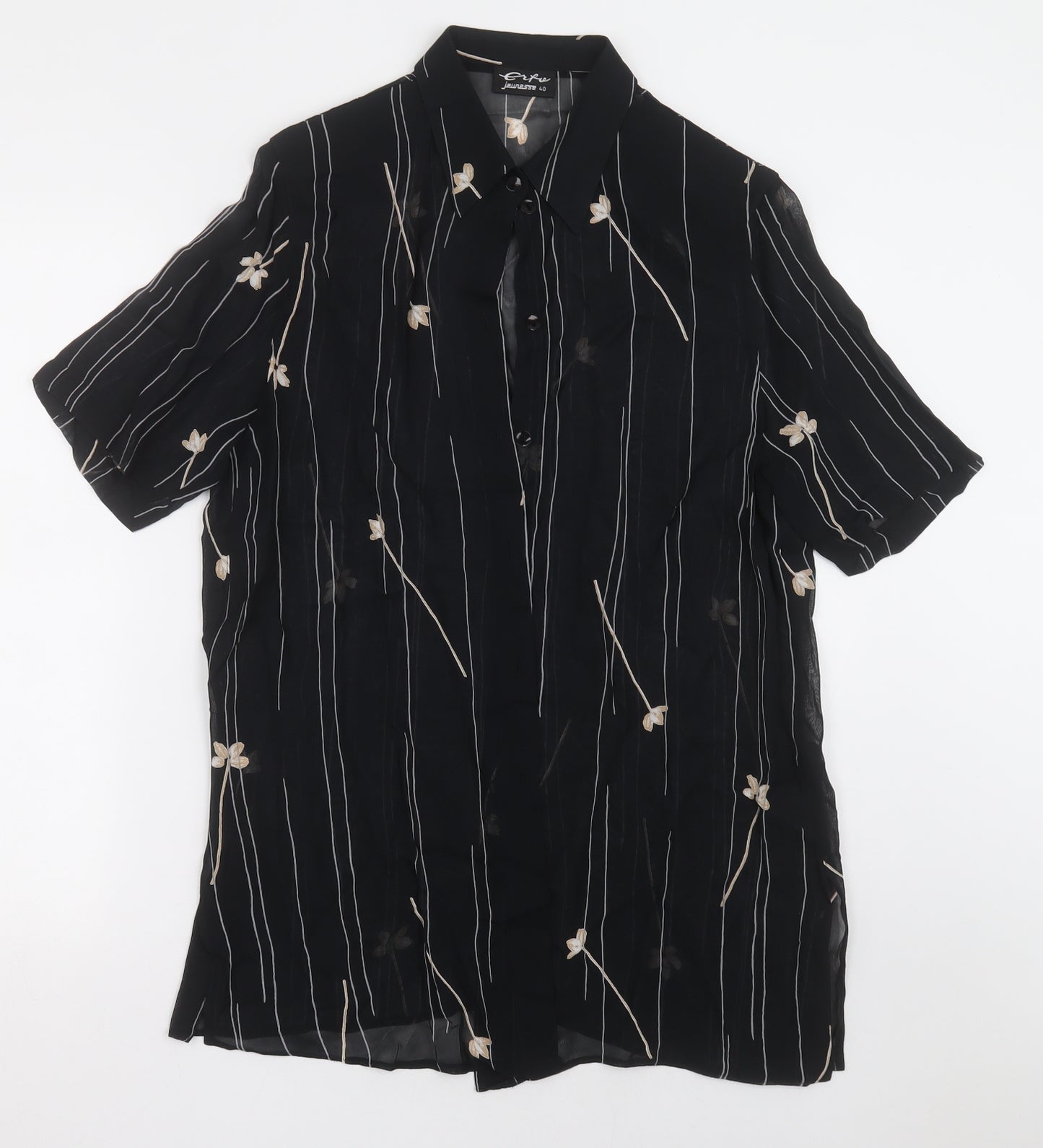 Preworn Womens Black Floral Polyester Basic Button-Up Size 12 Collared