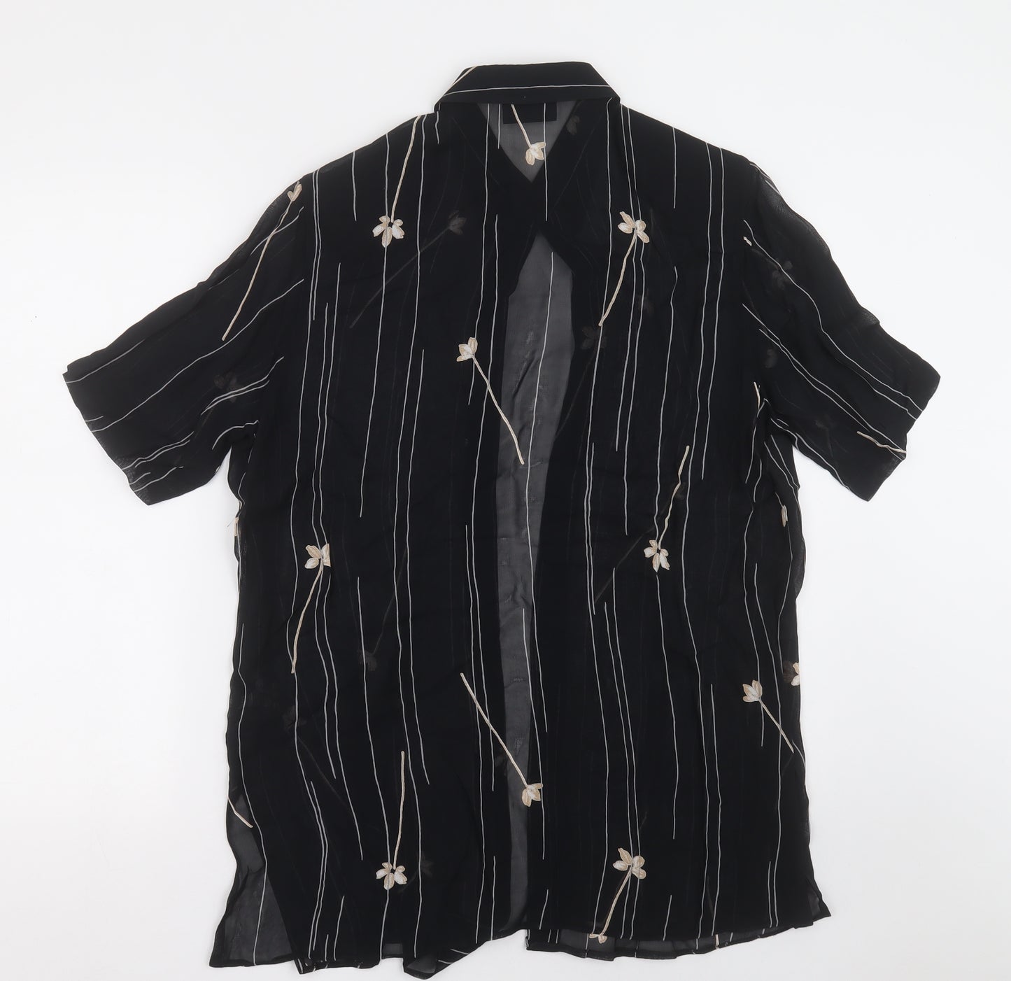 Preworn Womens Black Floral Polyester Basic Button-Up Size 12 Collared