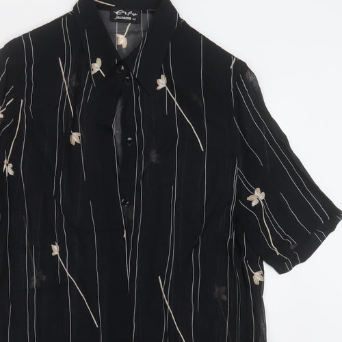 Preworn Womens Black Floral Polyester Basic Button-Up Size 12 Collared