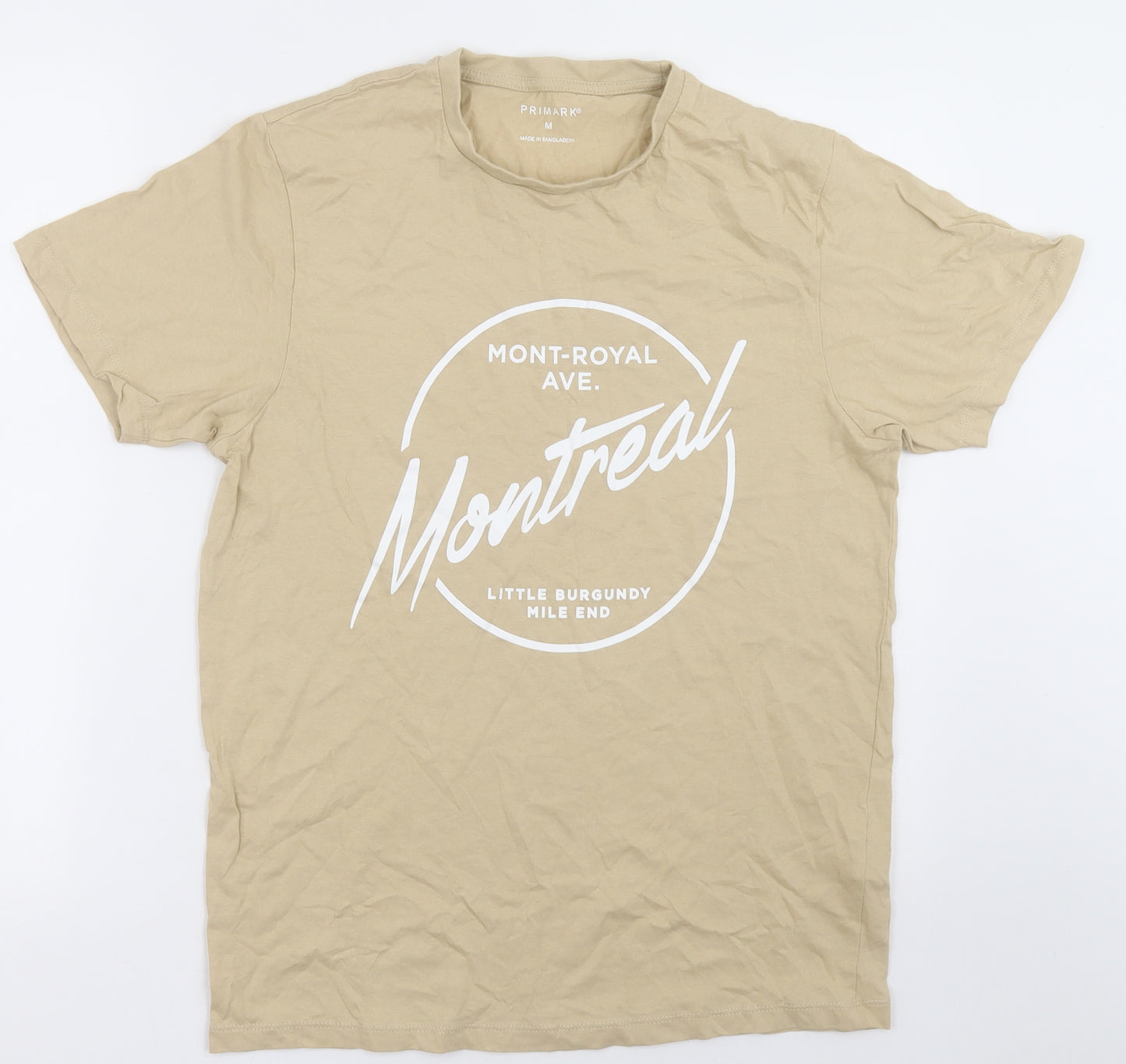 Primark Mens Beige  Cotton  T-Shirt Size M Crew Neck