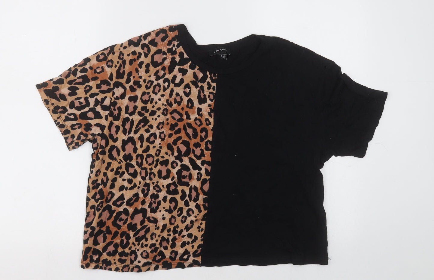 New Look Womens Black Animal Print Cotton Cropped T-Shirt Size 12 Crew Neck