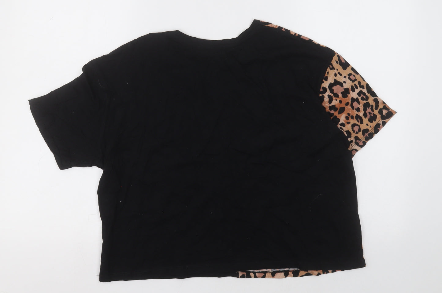 New Look Womens Black Animal Print Cotton Cropped T-Shirt Size 12 Crew Neck