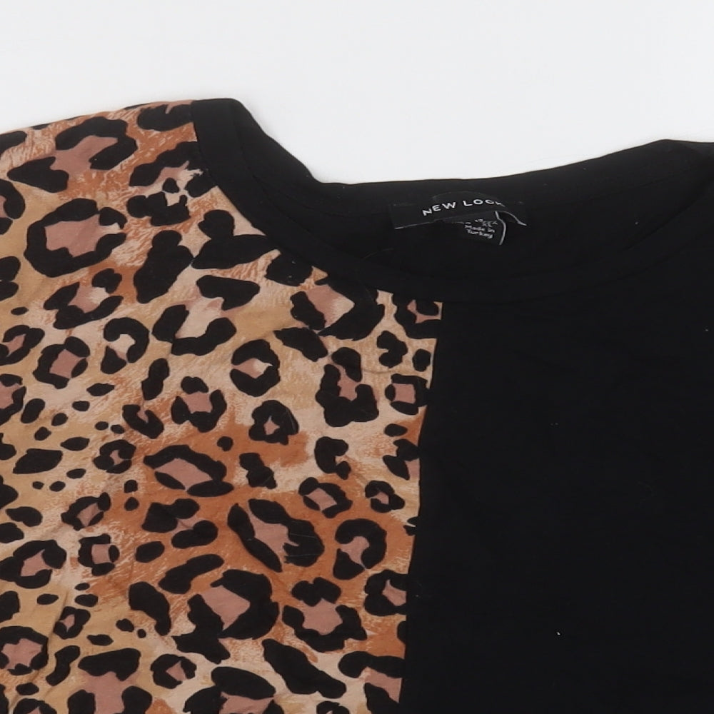 New Look Womens Black Animal Print Cotton Cropped T-Shirt Size 12 Crew Neck