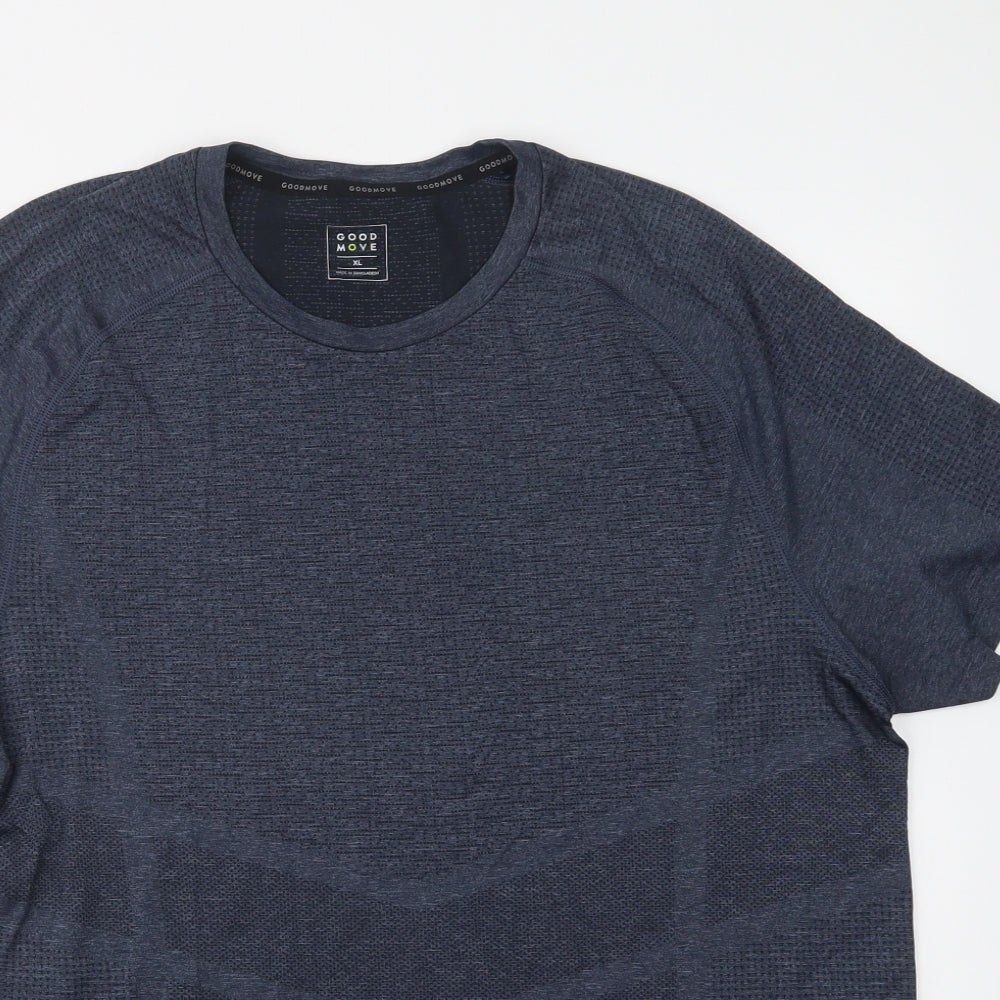 Good Move Mens Blue Geometric Polyester Basic T-Shirt Size XL Crew Neck