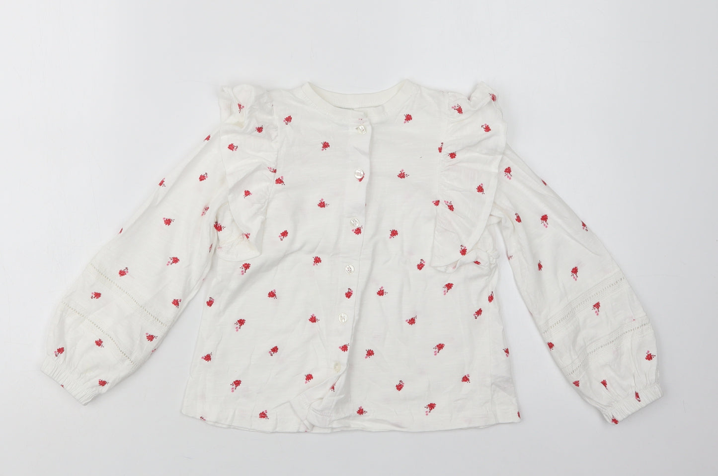 Leigh Tucker Girls White Floral Cotton Basic Button-Up Size 4-5 Years Crew Neck Button