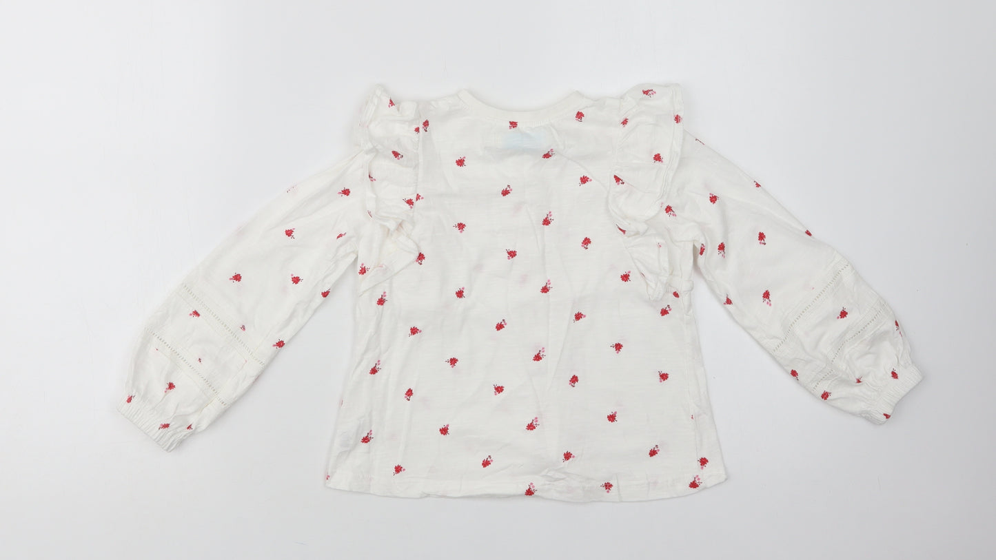Leigh Tucker Girls White Floral Cotton Basic Button-Up Size 4-5 Years Crew Neck Button