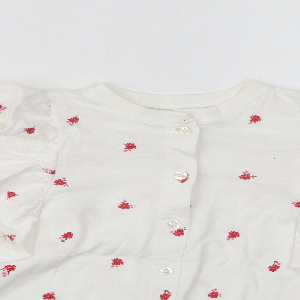 Leigh Tucker Girls White Floral Cotton Basic Button-Up Size 4-5 Years Crew Neck Button