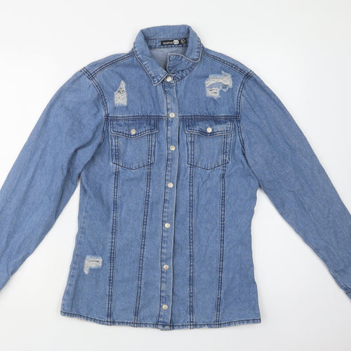Boohoo Womens Blue  Cotton Basic Button-Up Size 10 Collared