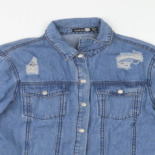 Boohoo Womens Blue  Cotton Basic Button-Up Size 10 Collared
