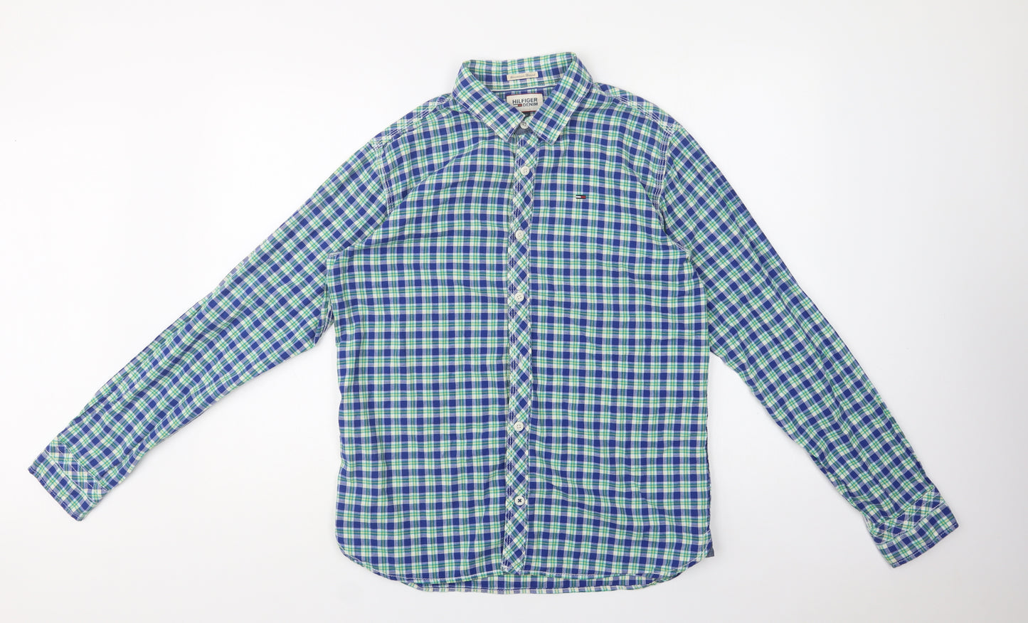 Hilfiger Denim Mens Blue Check Cotton  Button-Up Size M Collared Button
