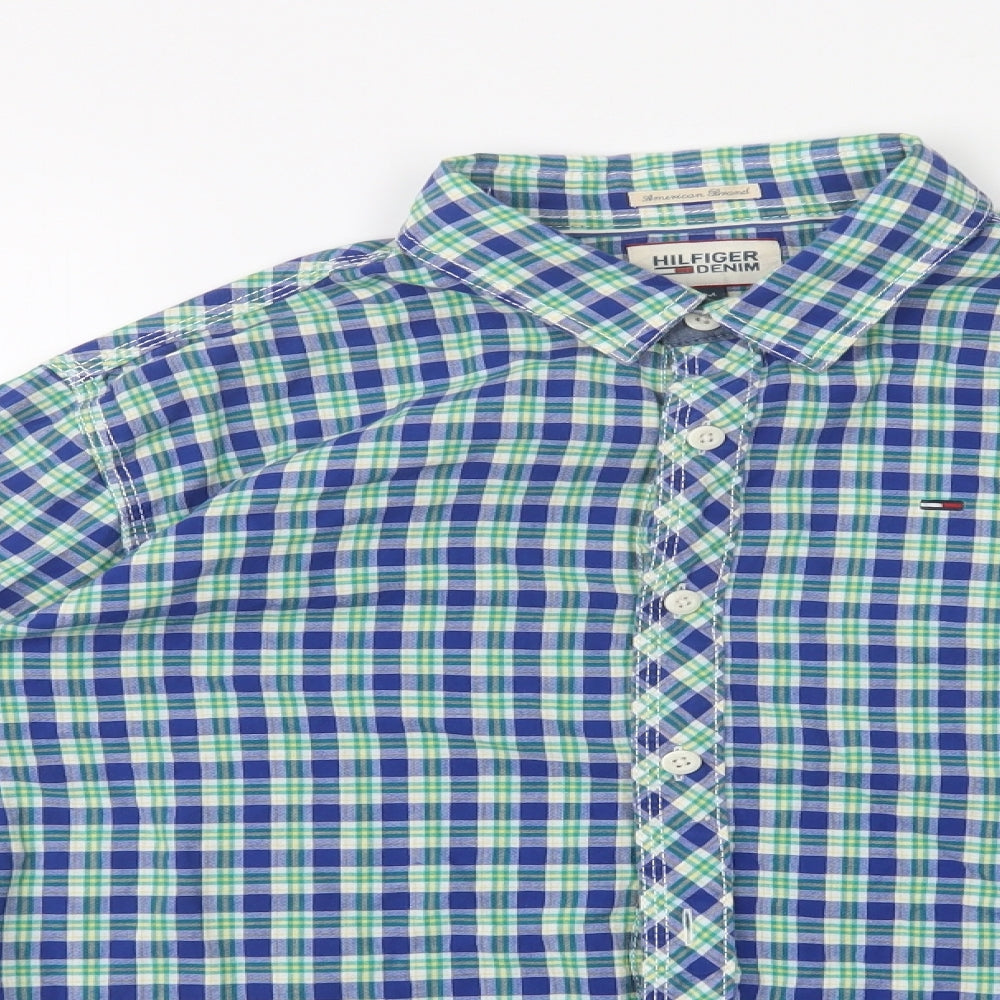 Hilfiger Denim Mens Blue Check Cotton  Button-Up Size M Collared Button