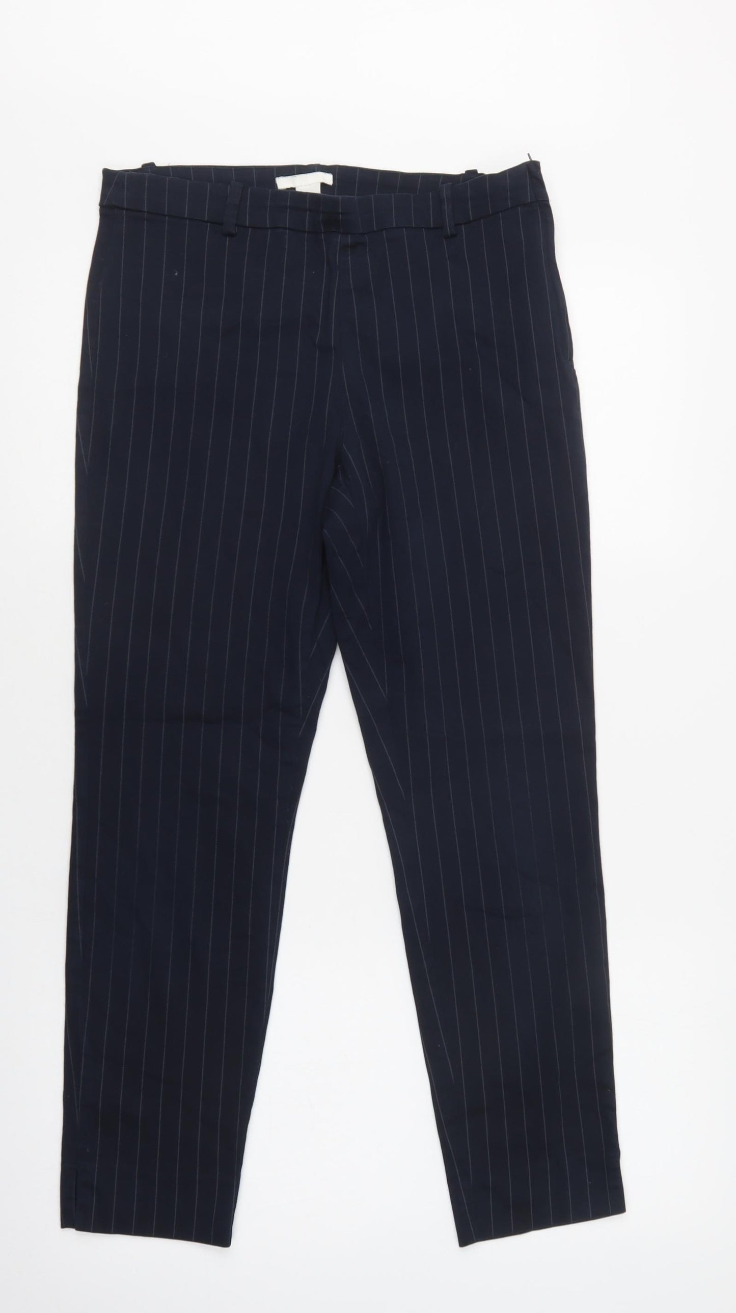 H&M Womens Blue Striped Cotton Dress Pants Trousers Size 12 L27 in Regular Zip