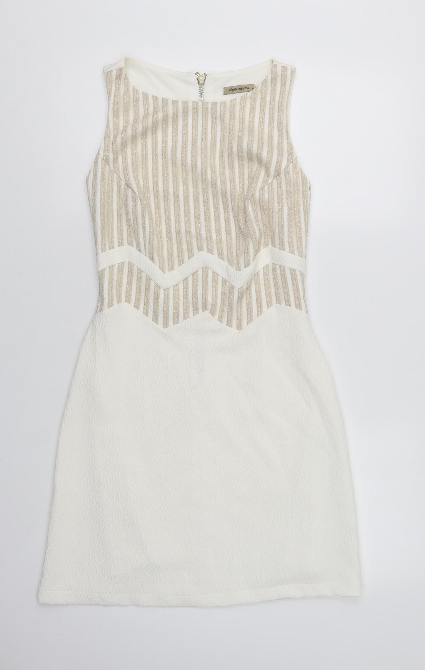 Explosion Womens White Striped Polyester Pencil Dress  Size 8  Round Neck Zip