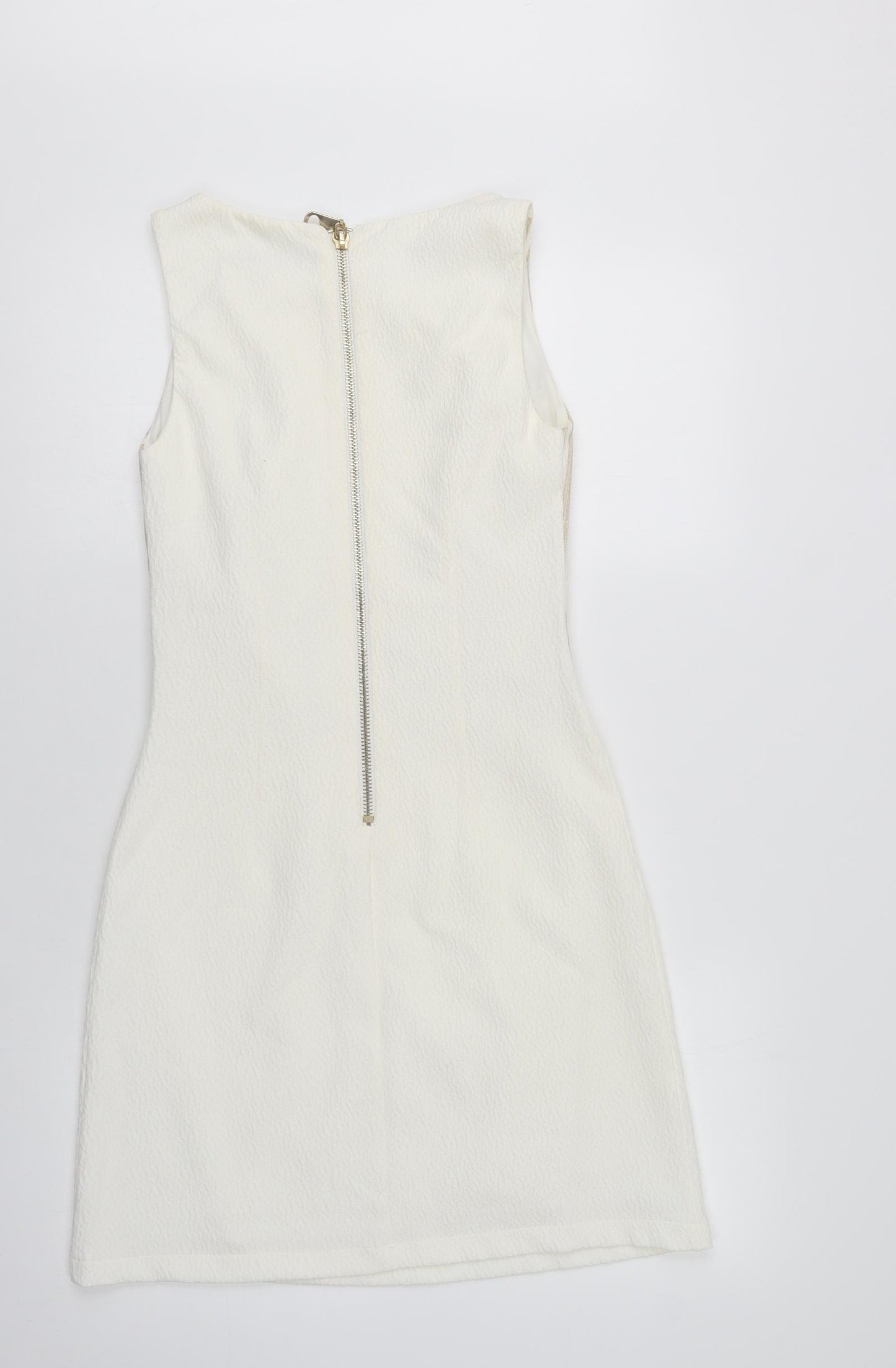 Explosion Womens White Striped Polyester Pencil Dress  Size 8  Round Neck Zip