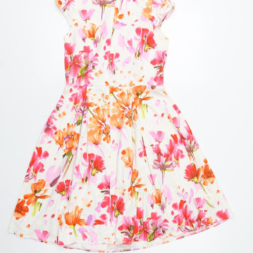 Savida Womens White Floral Cotton Fit & Flare  Size 8  Round Neck Zip